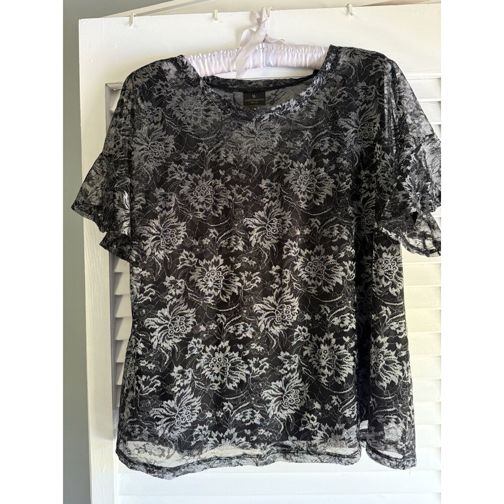 Worthington Blouse Women's PXL Black Floral Sheer Short Sleeve Metallic Lace Top